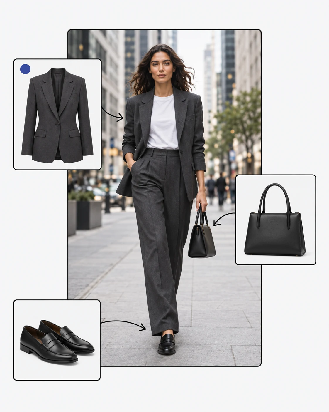 Editorial outfit board showing a charcoal suit styled with a handbag and loafers