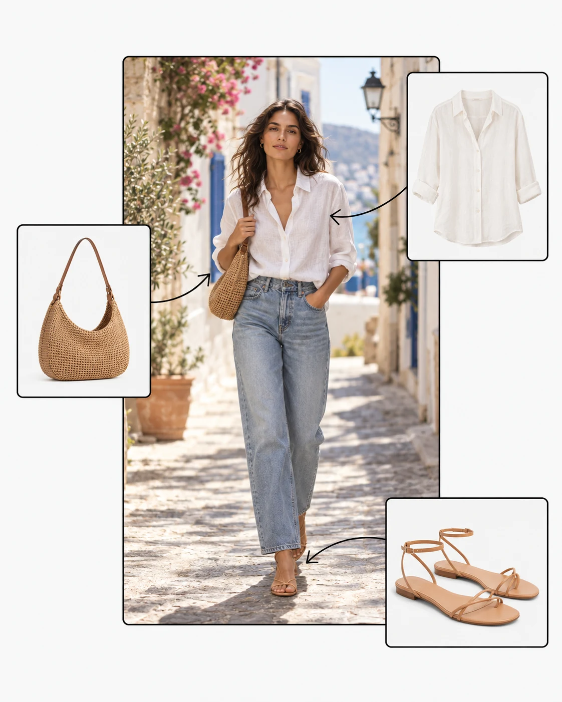 Editorial outfit board showing a white linen shirt styled with a woven bag and sandals