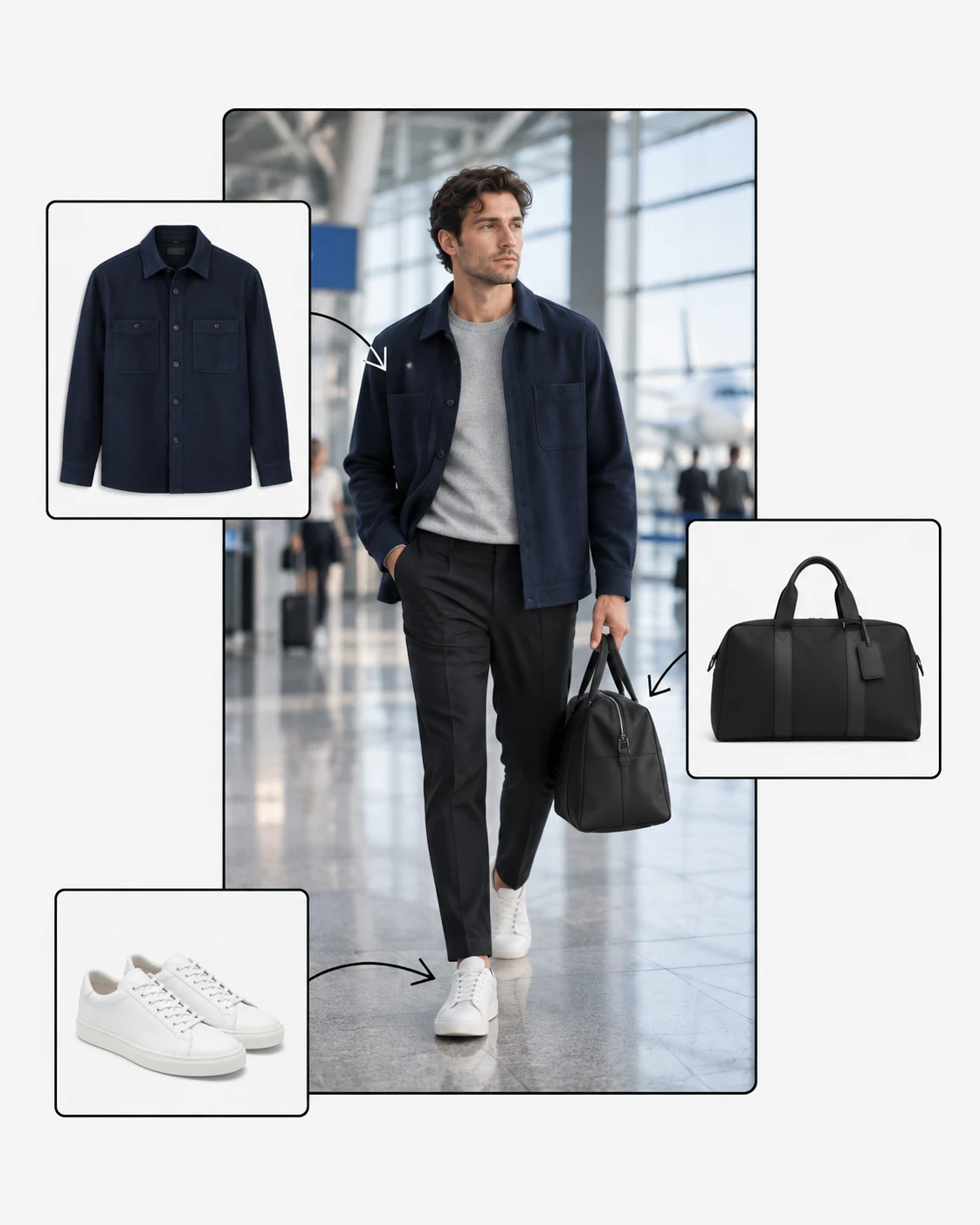 Editorial outfit board showing a navy overshirt styled with a weekender bag and sneakers